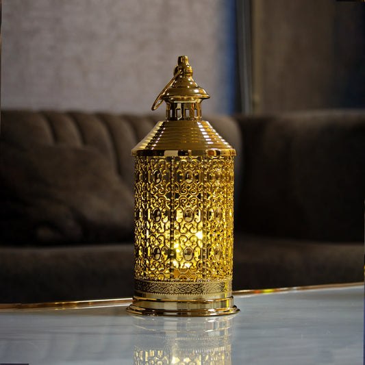 Antique Golden Metal LED Lantern/Eid Mubarak and Ramadan Kareem Greetings with Lantern/Hanging Metal Lantern for Home Décor/Battery operated LED Lantern