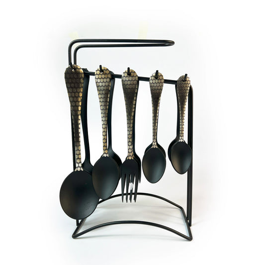 Premium Quality Cutlery Set 29pcs Honey Texture/ Spoon and Forks Set Matt Black/Cutlery Set with Stand