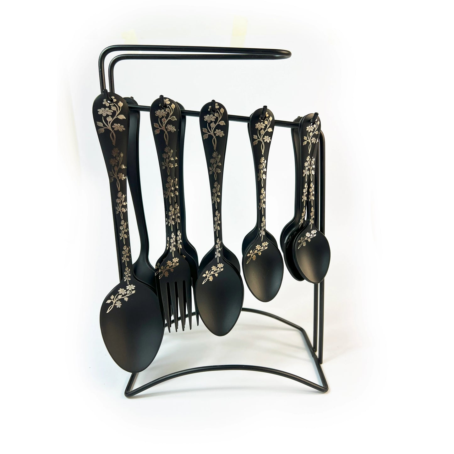 Premium Quality Cutlery Set 29pcs Engraved Floral Pattern/ Spoon and Forks Set Matt Black/Cutlery Set with Stand/Spoon Set