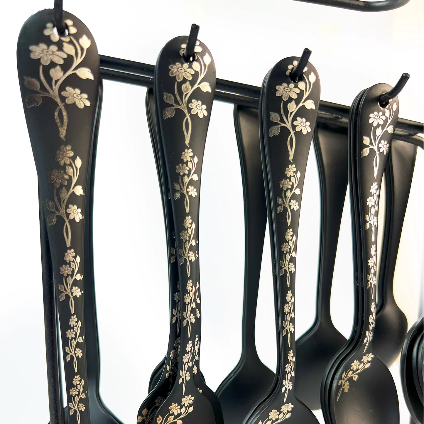 Premium Quality Cutlery Set 29pcs Engraved Floral Pattern/ Spoon and Forks Set Matt Black/Cutlery Set with Stand/Spoon Set