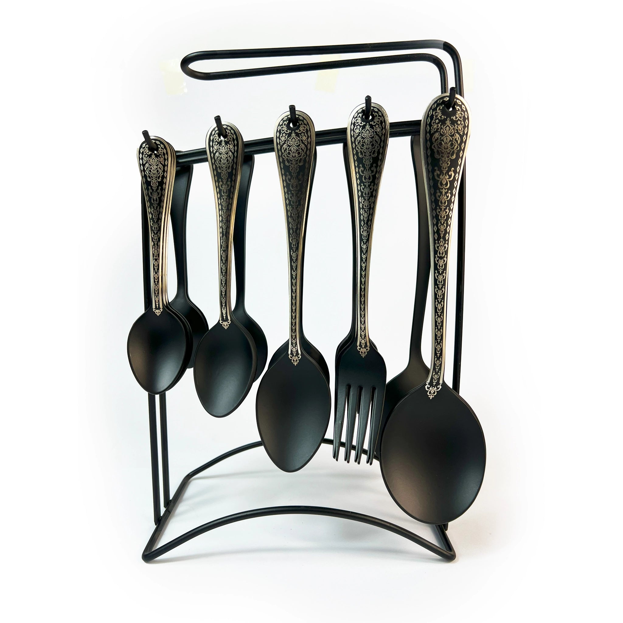 Premium Quality Cutlery Set 29pcs Engraved Pattern/ Spoon and Forks Set Matt Black/Cutlery Set with Stand/Spoon Set