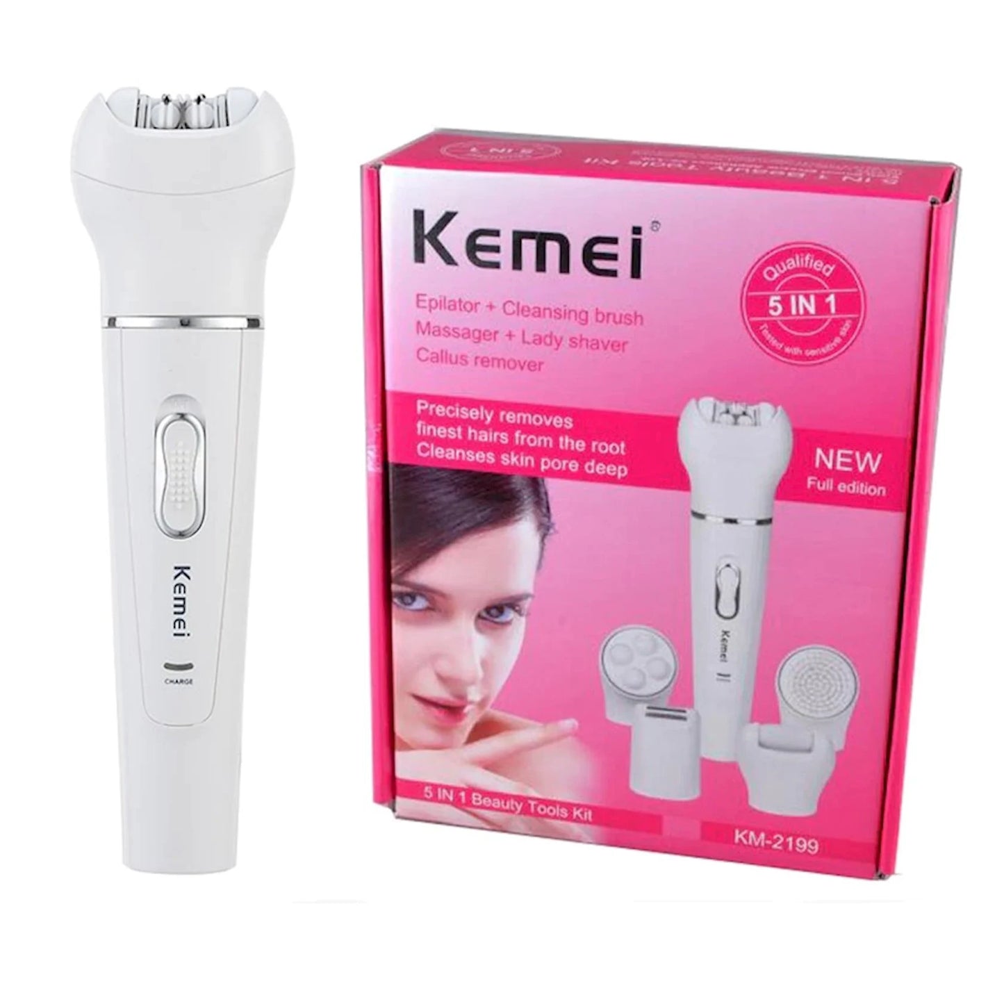 Kemei KM-2199 5 in 1 Epilator Set Women/ Electric Facial Cleanser/ Face Massager/Trimmer/Callus Remover