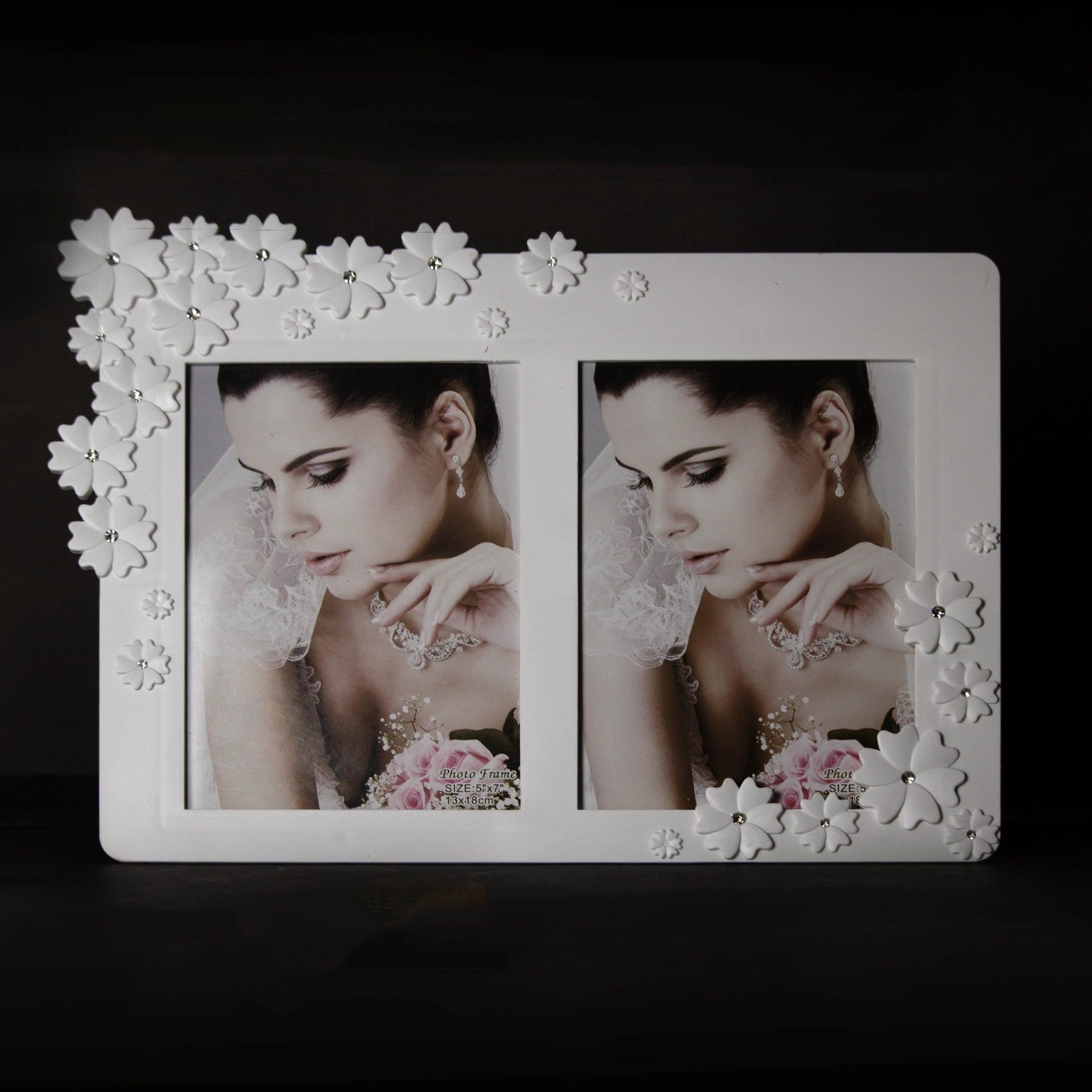 Double Photo Frame for couples/Portrait Holder for 2 Photos/White Floral Picture Frame Rectangular Shape