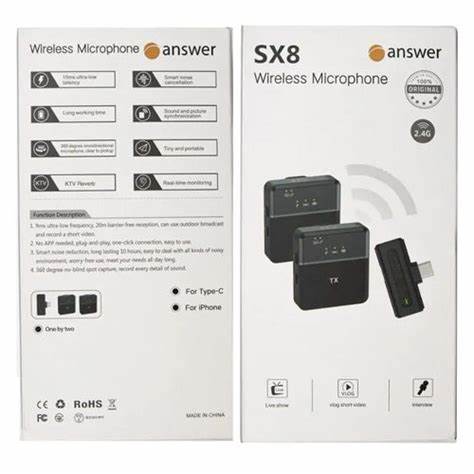 SX8 Wireless Microphone Double Type-C/ SX8 Type-C and IOS Wireless Microphone for Plug-Play Wireless Lavalier Mic with Microphone SX8 Type-C/iPhone Lavalier Wireless Microphone, Noise Reduction