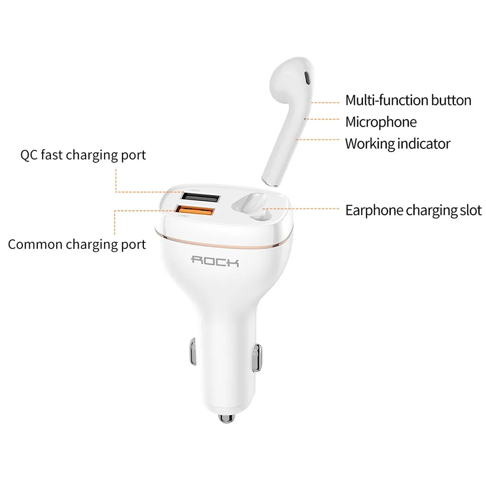 ROCK B401 2 in 1 3A USB Port Car Charger y V5.0 Bluetooth Right Ear Headset, Dual USB Interface, Support Hands-free Call